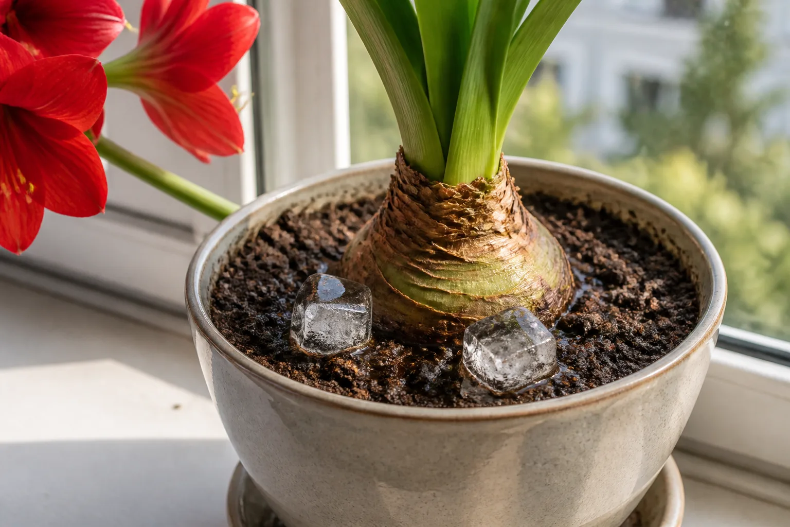 Ice cubes placed on potting mix in an amaryllis pot, illustrating measured meltwater irrigation