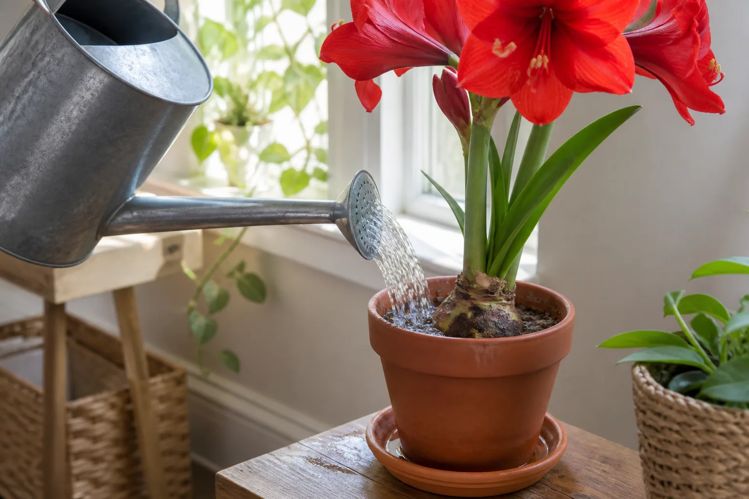 Watering a potted amaryllis thoroughly while keeping the bulb neck above the mix