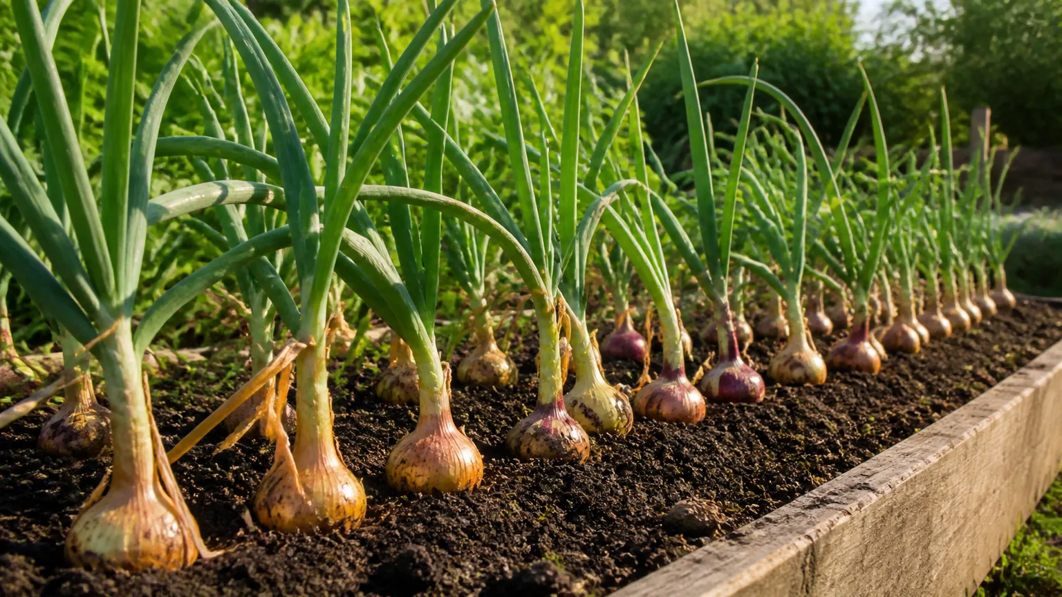 Onions planted in a separate row in a prepared vegetable bed
