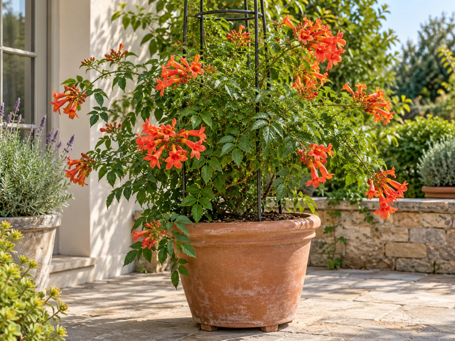 Cape honeysuckle growing in a large draining patio container with a support frame