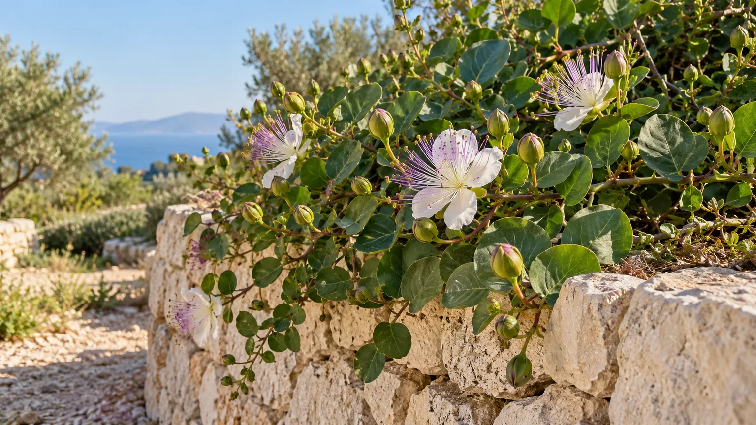Caper bush with closed buds and white flowers spilling over a sunlit Mediterranean stone wall