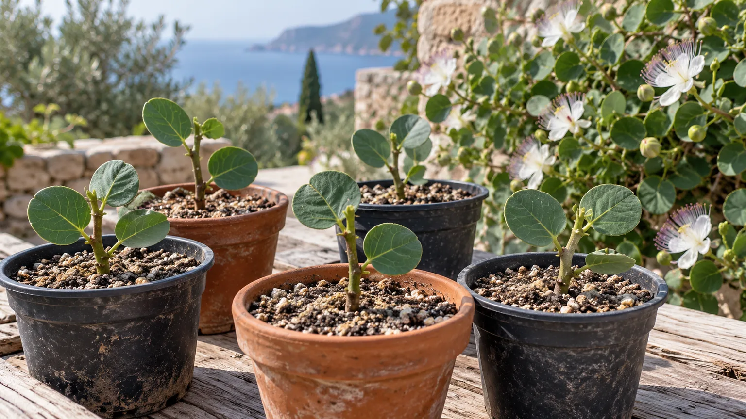 Caper bush stem cuttings rooted in small pots of gritty propagation mix