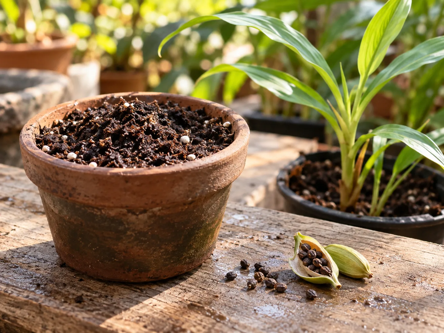 Fresh cardamom seeds beside a shallow pot of moist seed-starting mix