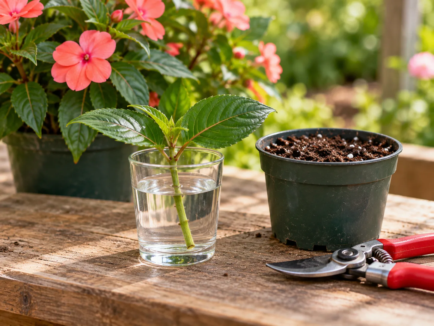 A New Guinea impatiens stem cutting rooting in water beside a pot of mix