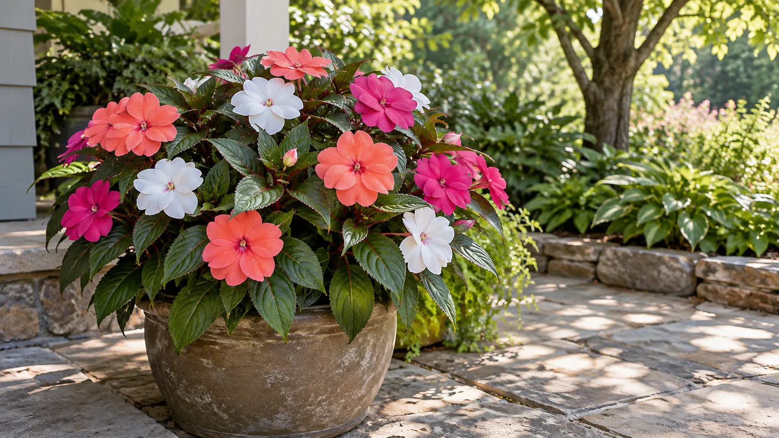 New Guinea impatiens flowering in a shaded patio container
