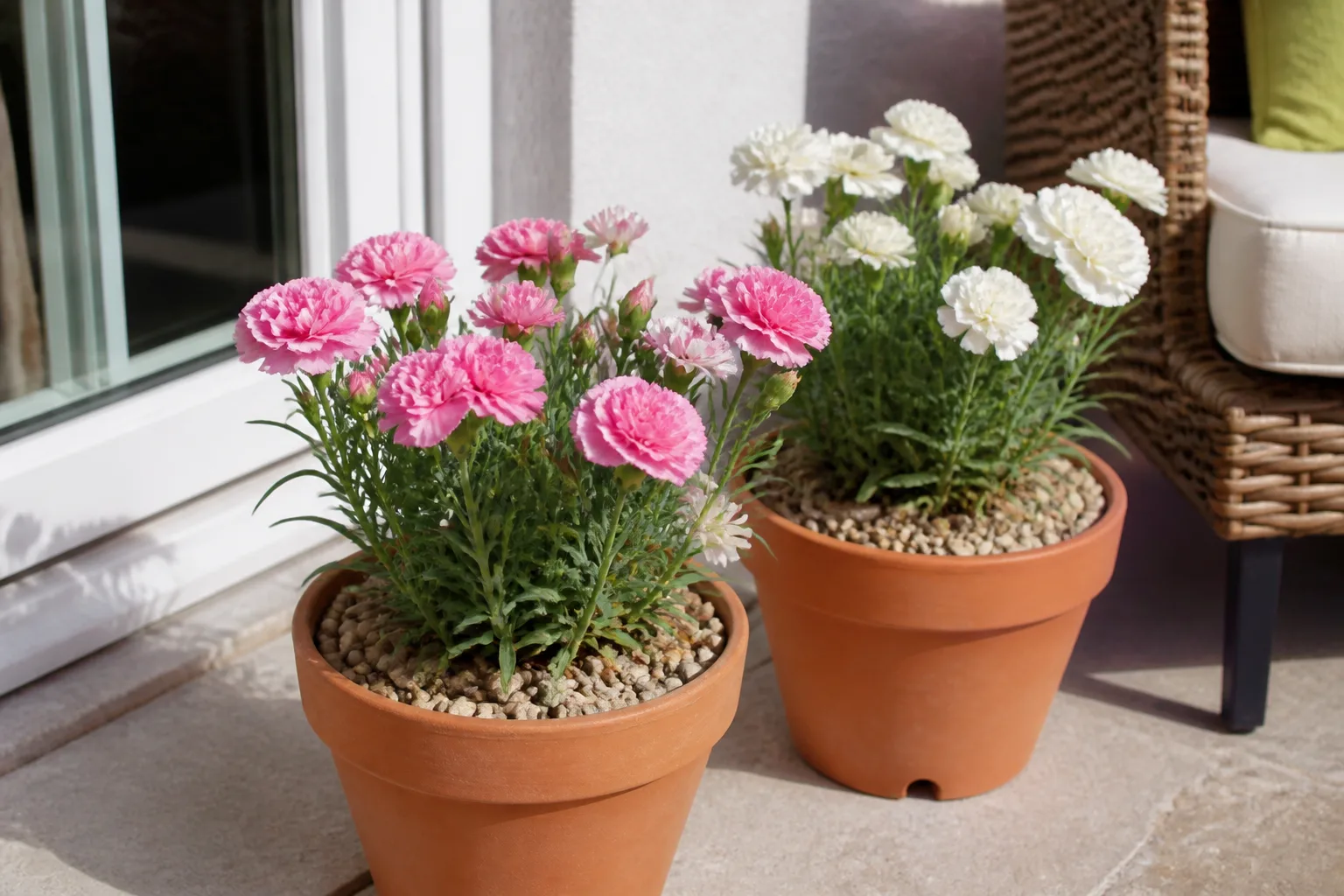 Perennial dianthus blooming in well-drained patio containers