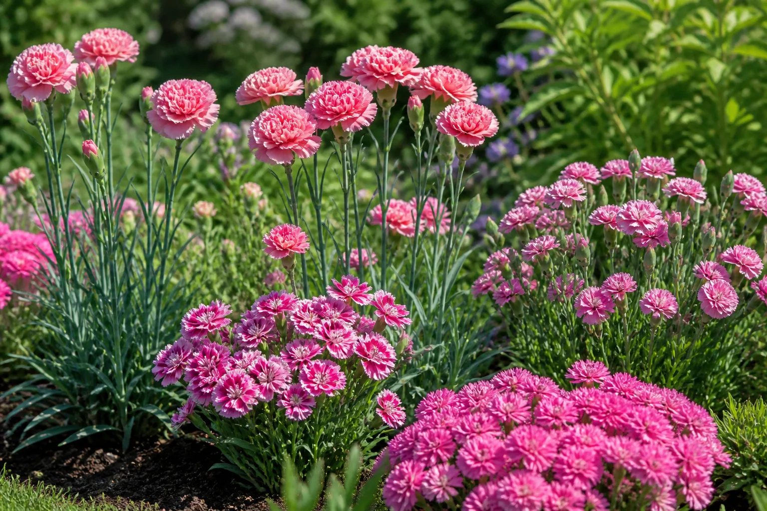 Fringed pink and white dianthus flowers above narrow blue-green foliage in a sunny garden
