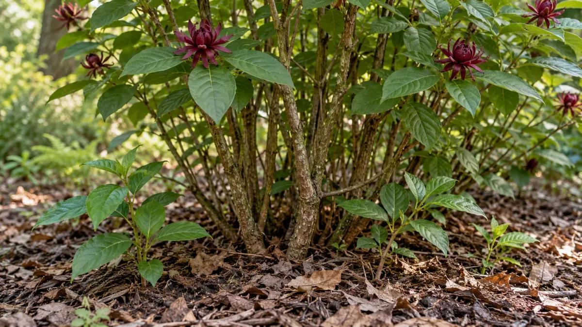 Young Carolina allspice sucker shoots emerging from the soil around the base of a mature shrub