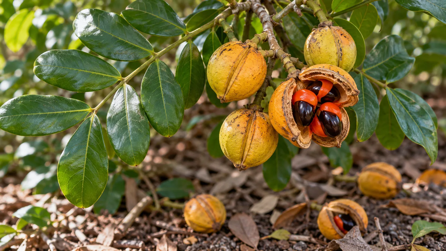 Yellow-orange three-lobed carrotwood capsules split open to show dark seeds and orange-red arils