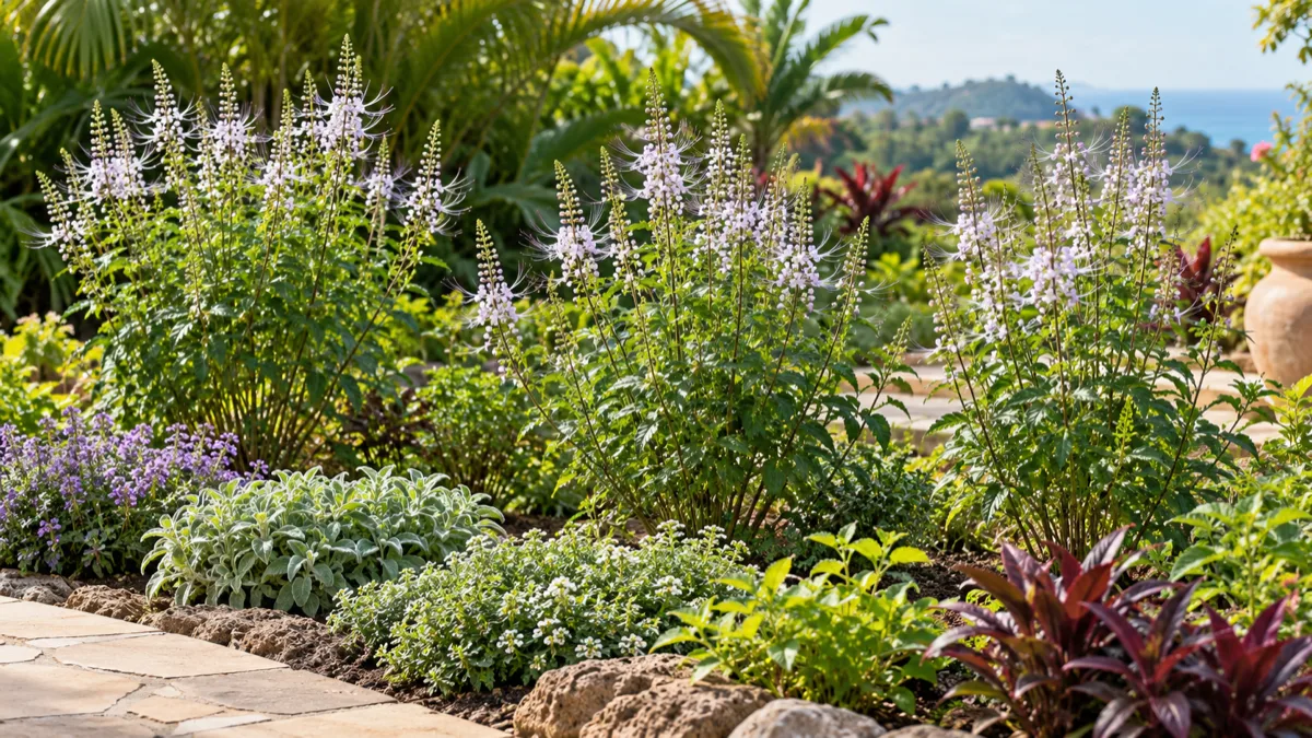 Cat whiskers shrubs in a sunny mixed border with room for air around the flowering stems