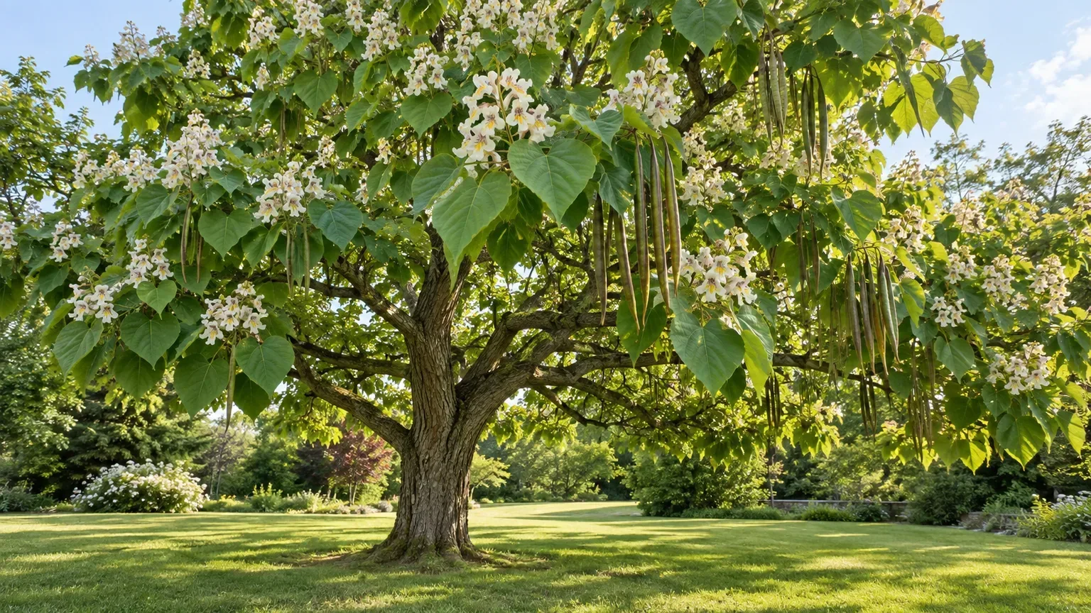 Mature northern catalpa tree with heart-shaped leaves, white flowers, and hanging seed pods in a spacious garden
