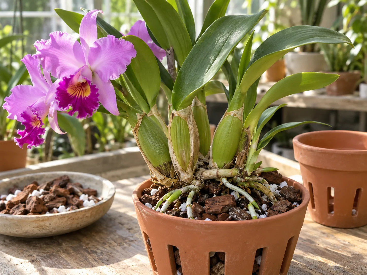 A mature Cattleya orchid in airy bark mix in a draining pot, ready for repotting