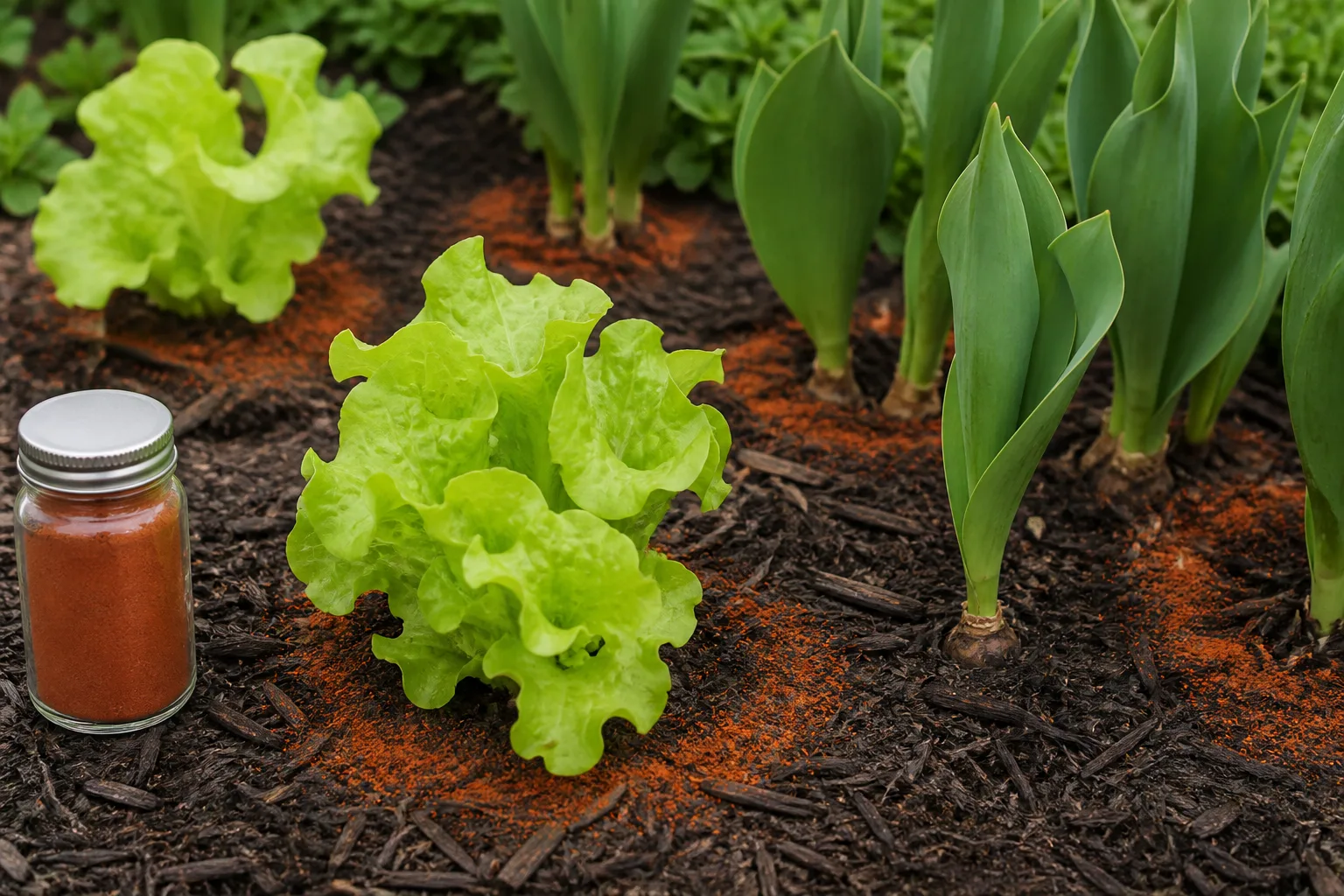 A thin, targeted dusting of cayenne around lettuce and tulip plants in a mulched garden bed
