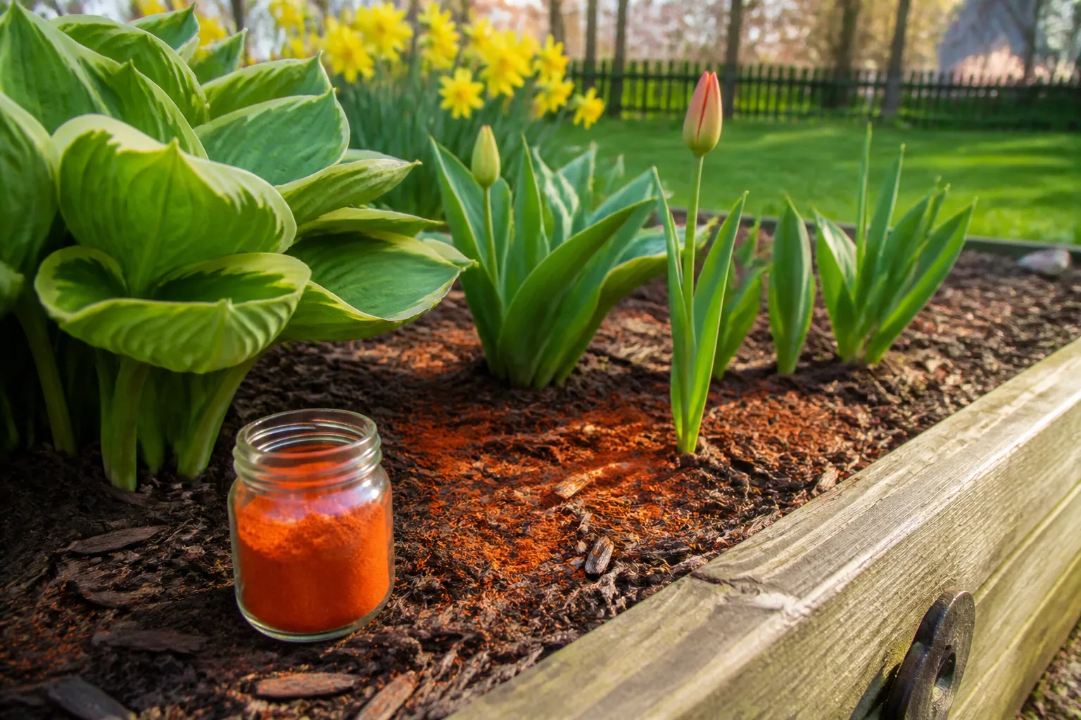 Jar of cayenne pepper beside a lightly dusted backyard garden bed
