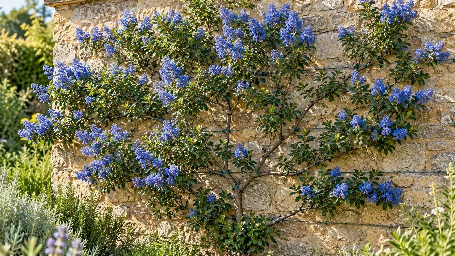 Blue-flowering California lilac trained in a loose fan against a sunny stone wall with horizontal support wires