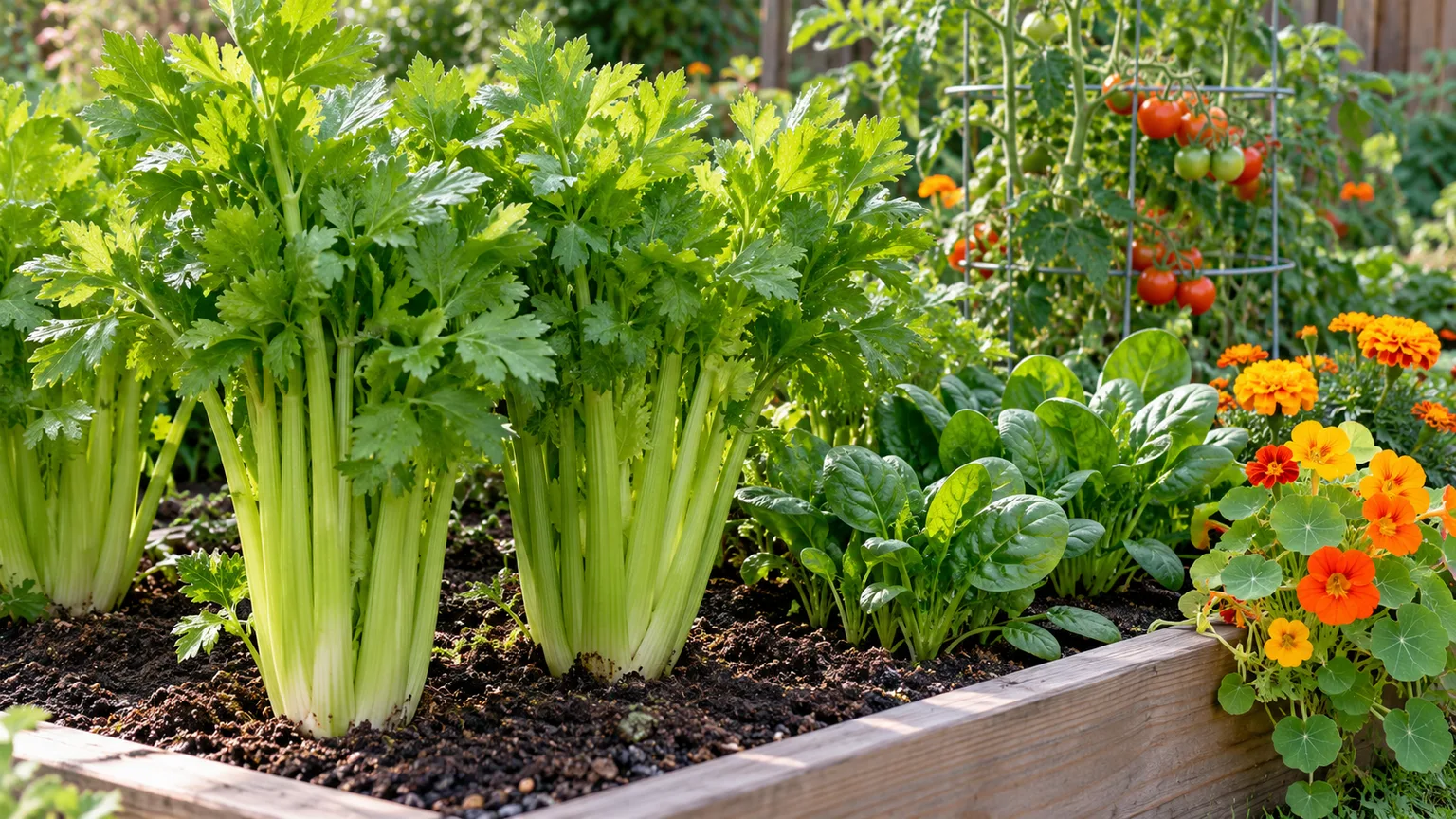 Celery growing beside spinach, tomatoes, marigolds, and nasturtiums in a raised garden bed