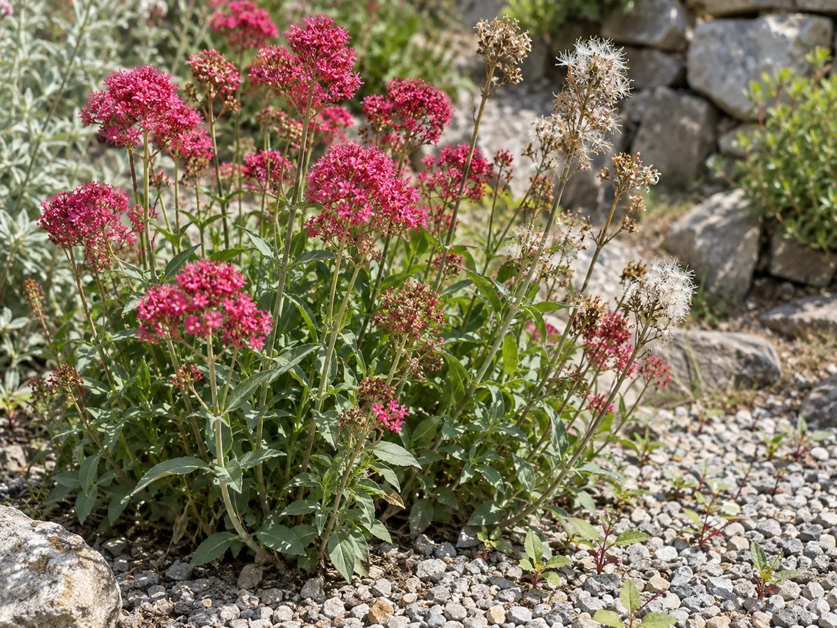 Fresh spur valerian flowers beside mature feathery seed heads and seedlings in gravel