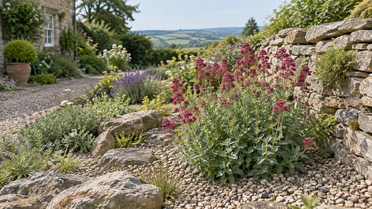 Spur valerian growing in a sunny gravel border beside dry stonework