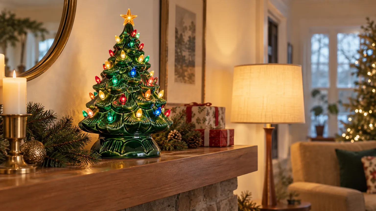 Glossy green ceramic Christmas tree with multicolored bulbs on a holiday mantel