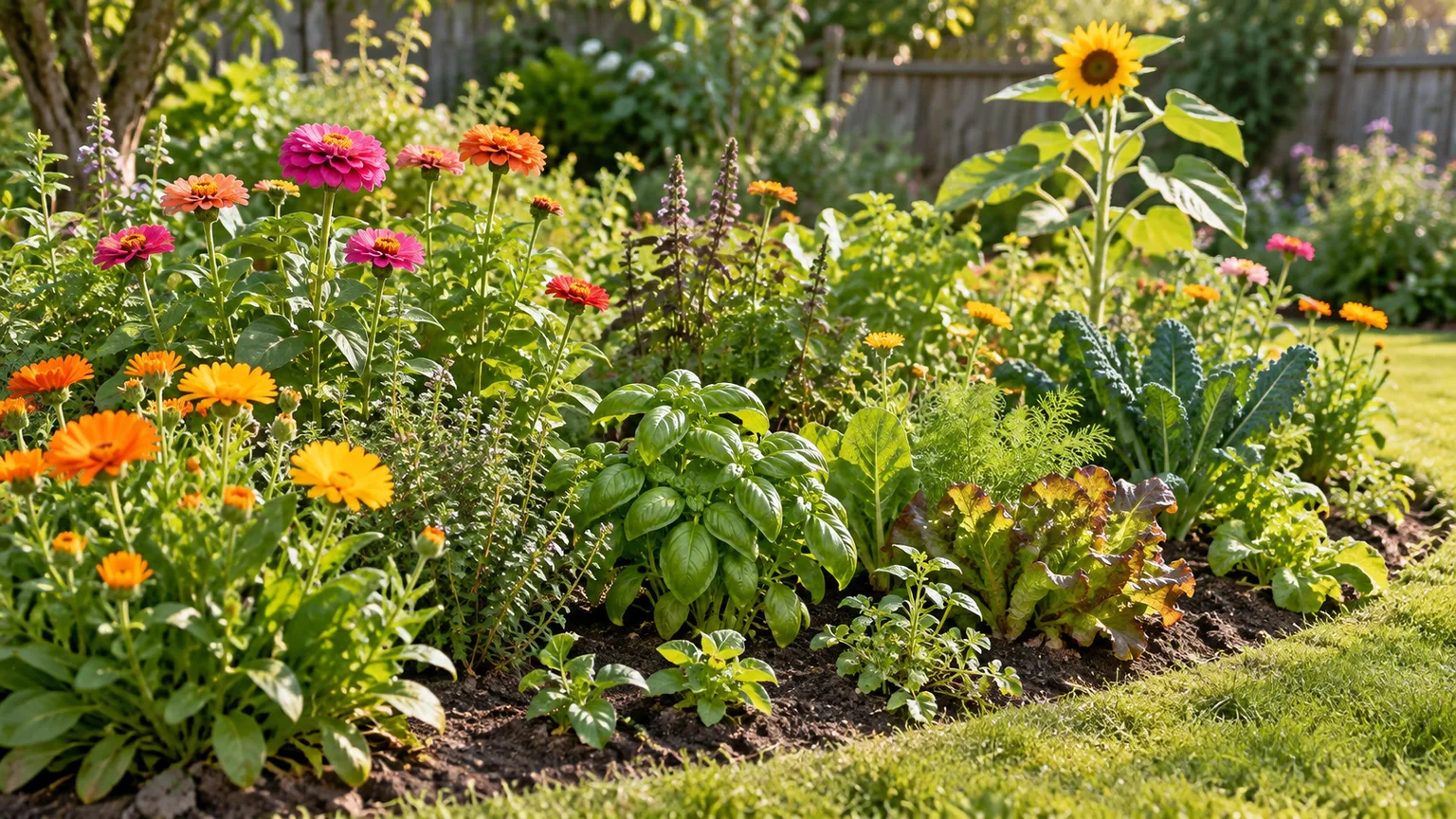 Informal residential bed mixing flowering annuals, herbs, and vegetables