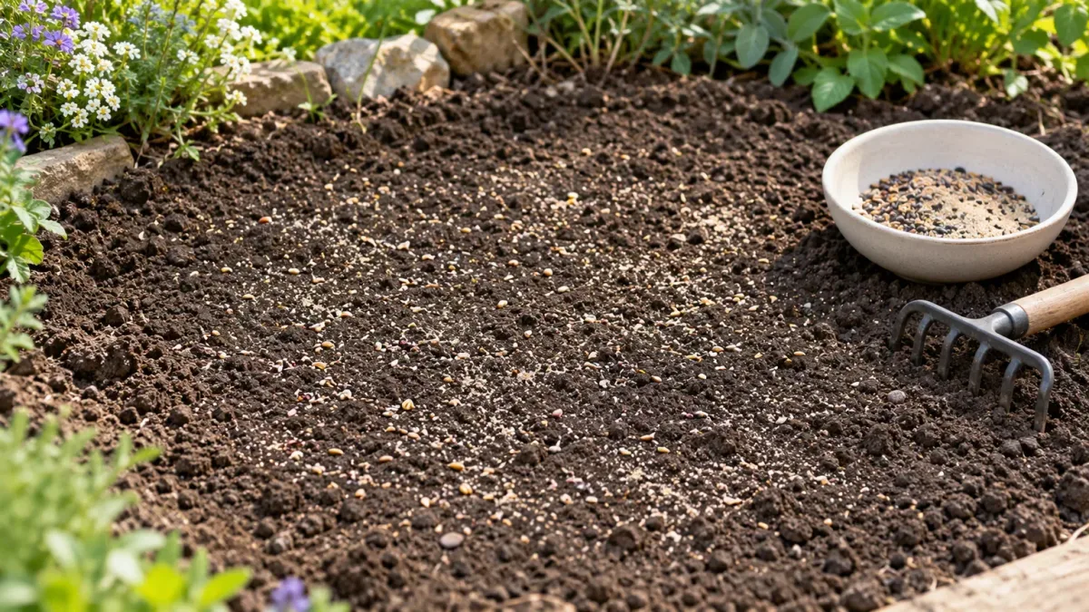A freshly raked garden patch with a light broadcast of mixed seeds, a bowl of seed and sand, and a hand rake at the edge.