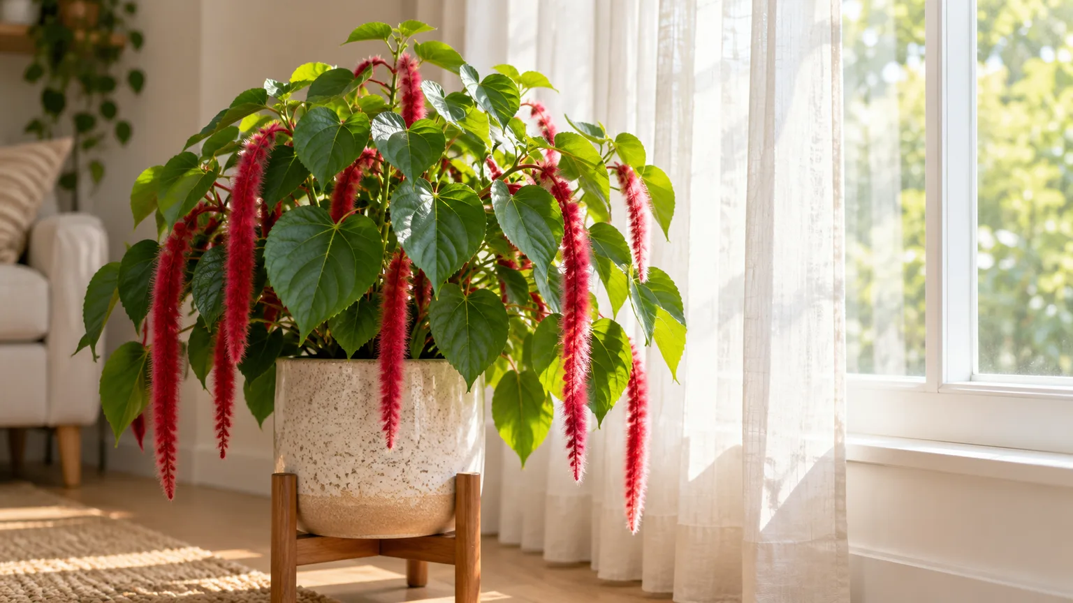 Chenille plant beside a bright window with soft filtered daylight.