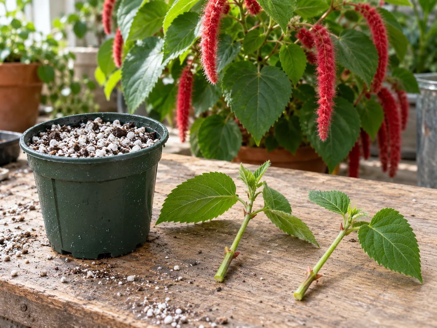 Spring chenille plant stem cuttings beside a pot of moist perlite-based rooting mix.
