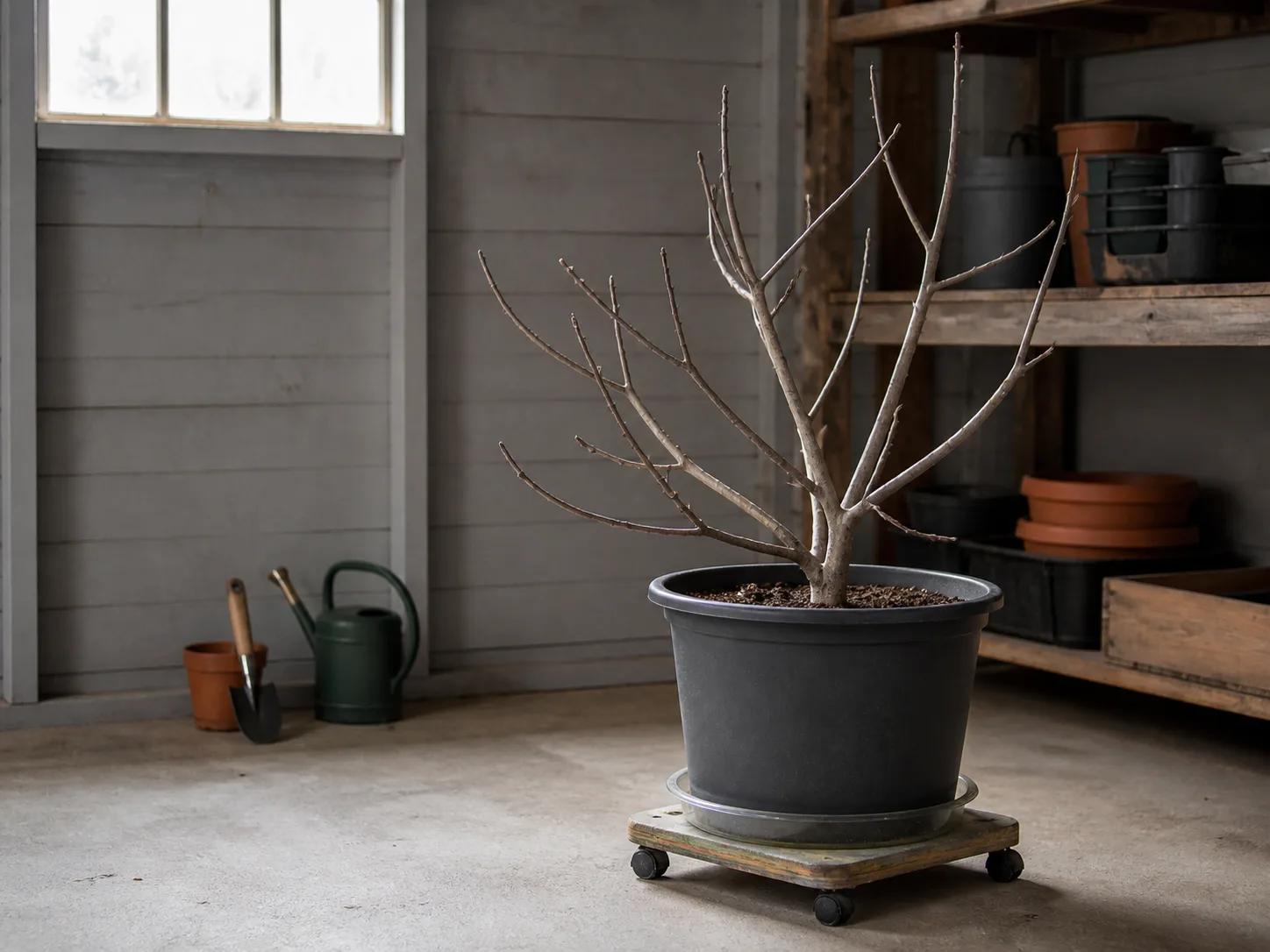 Container-grown fig tree positioned for winter protection and easy inspection