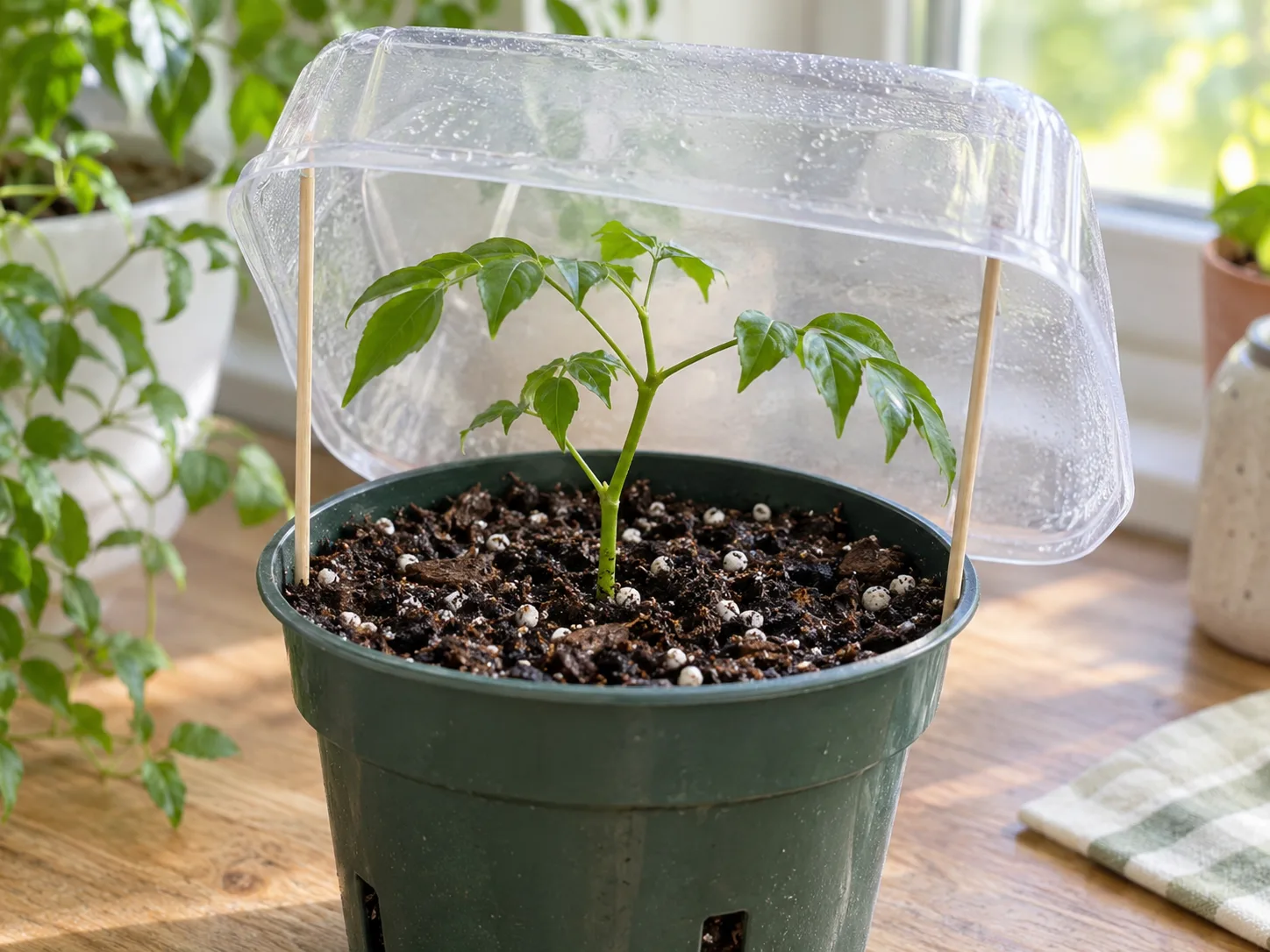A young China doll stem cutting rooting in moist potting mix beneath a ventilated humidity cover.