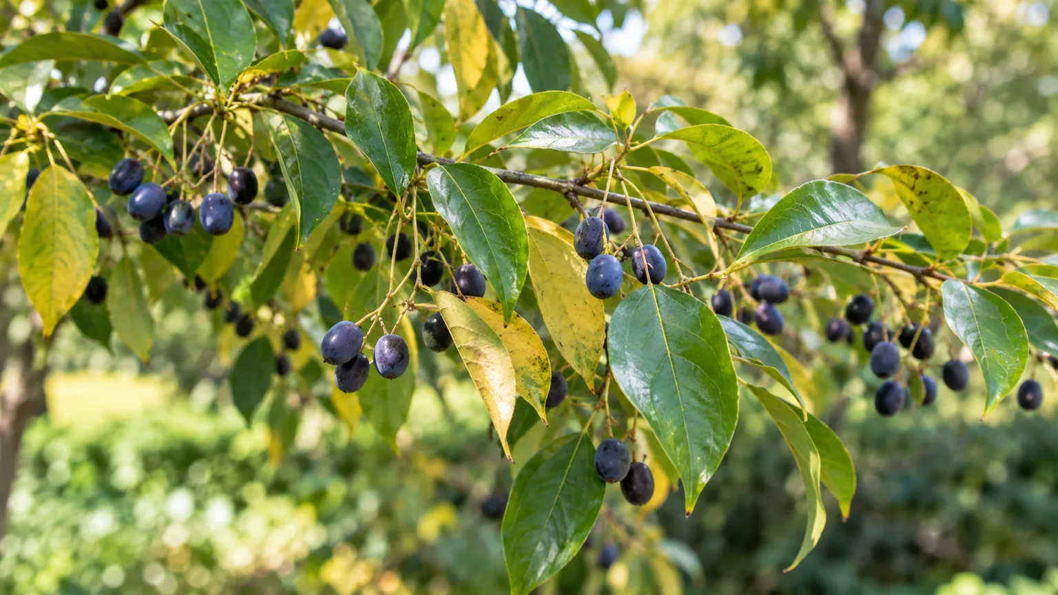 Small blue-purple Chinese fringe tree drupes ripening among autumn leaves