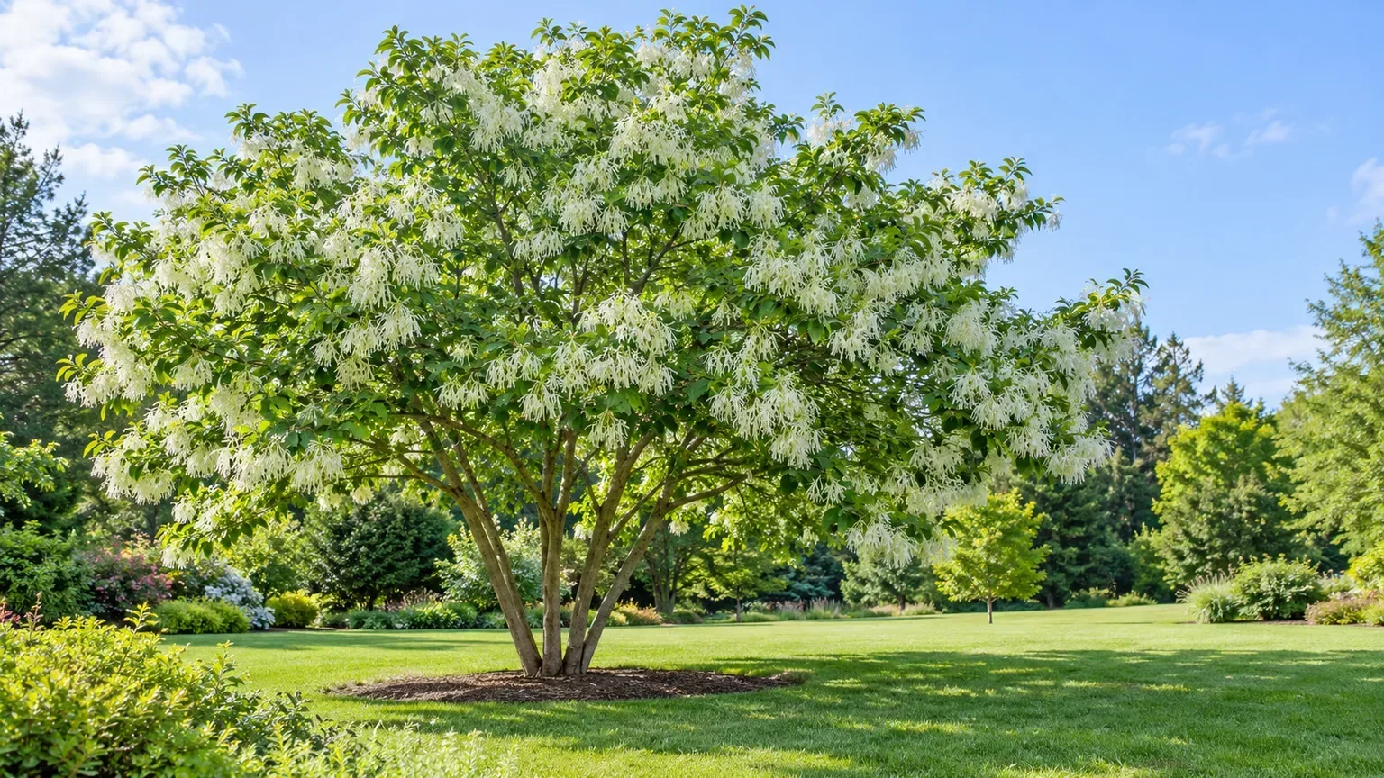 A flowering Chinese fringe tree with room for its wide mature canopy