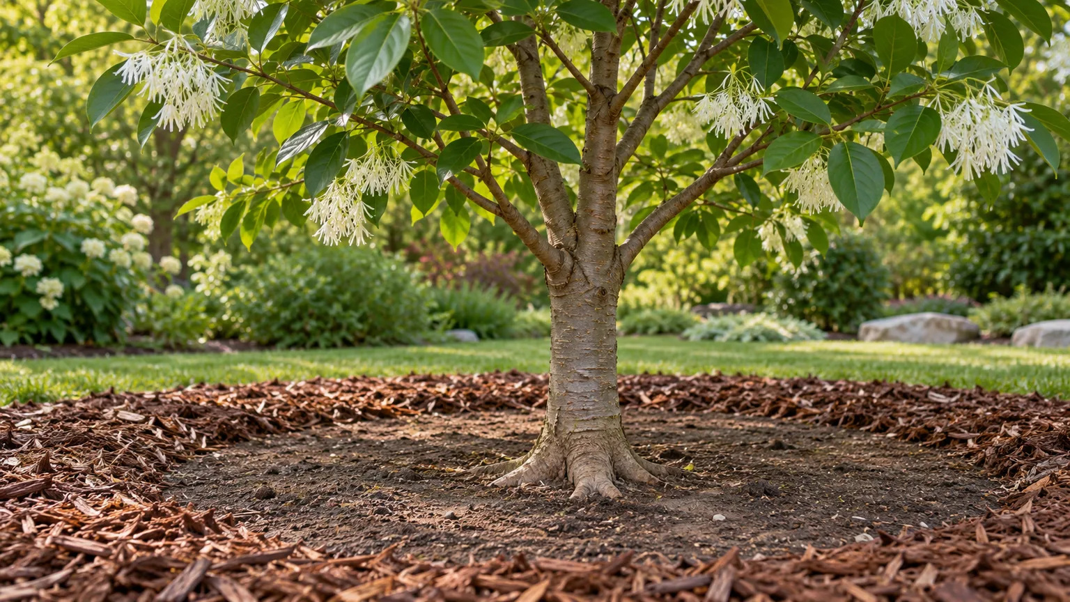 Exposed root flare and mulch ring kept clear of a Chinese fringe tree trunk