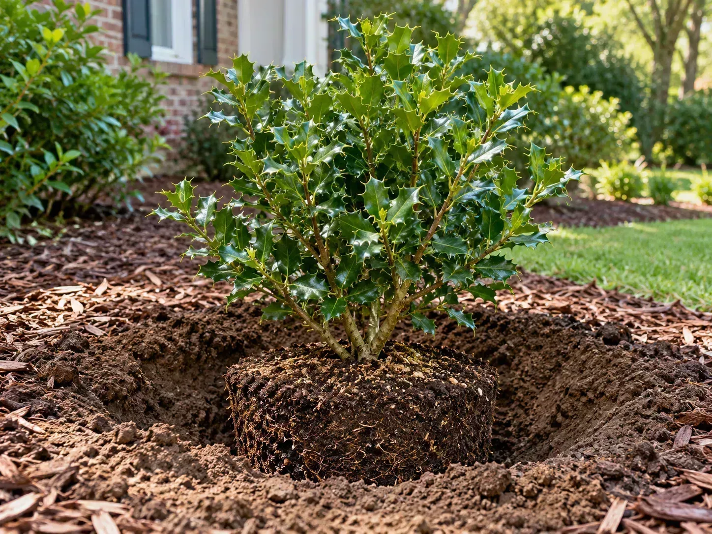 A Chinese holly planted with its root ball at grade and mulch clear of the stems