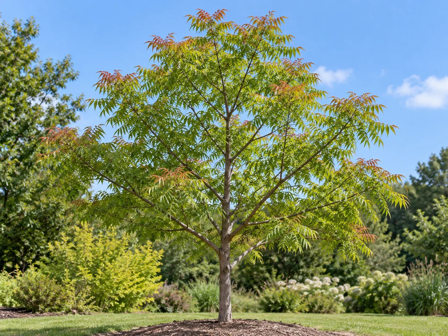 Young Chinese pistache with one central trunk and evenly spaced scaffold branches forming an open canopy