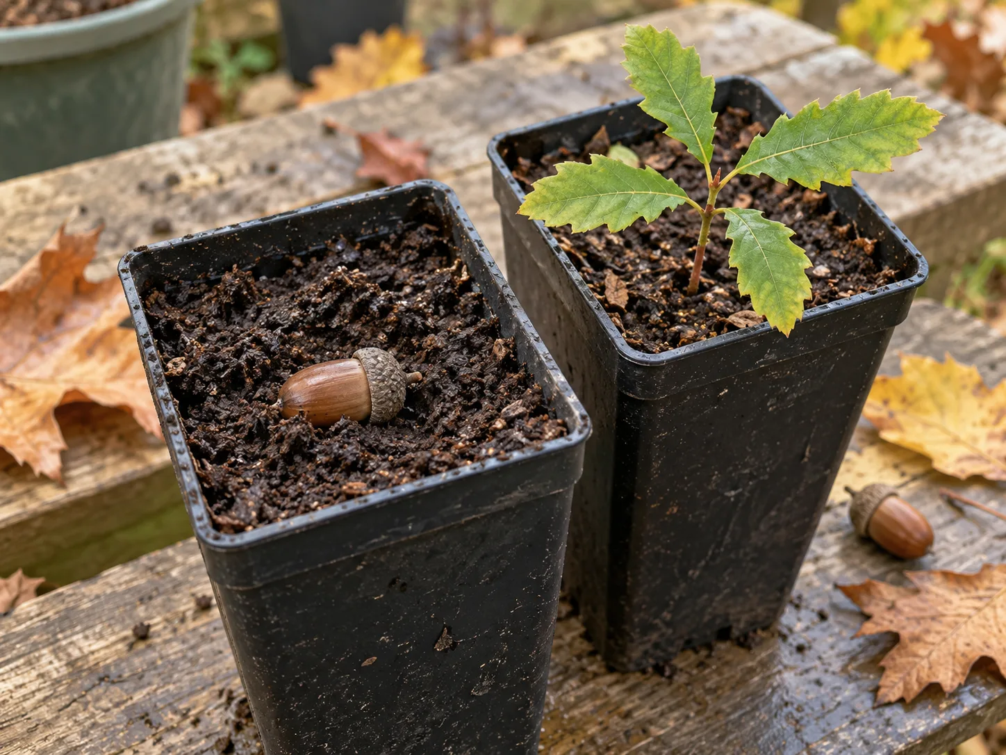 An oak acorn beginning to sprout in a deep pot, illustrating a container-sowing setup.