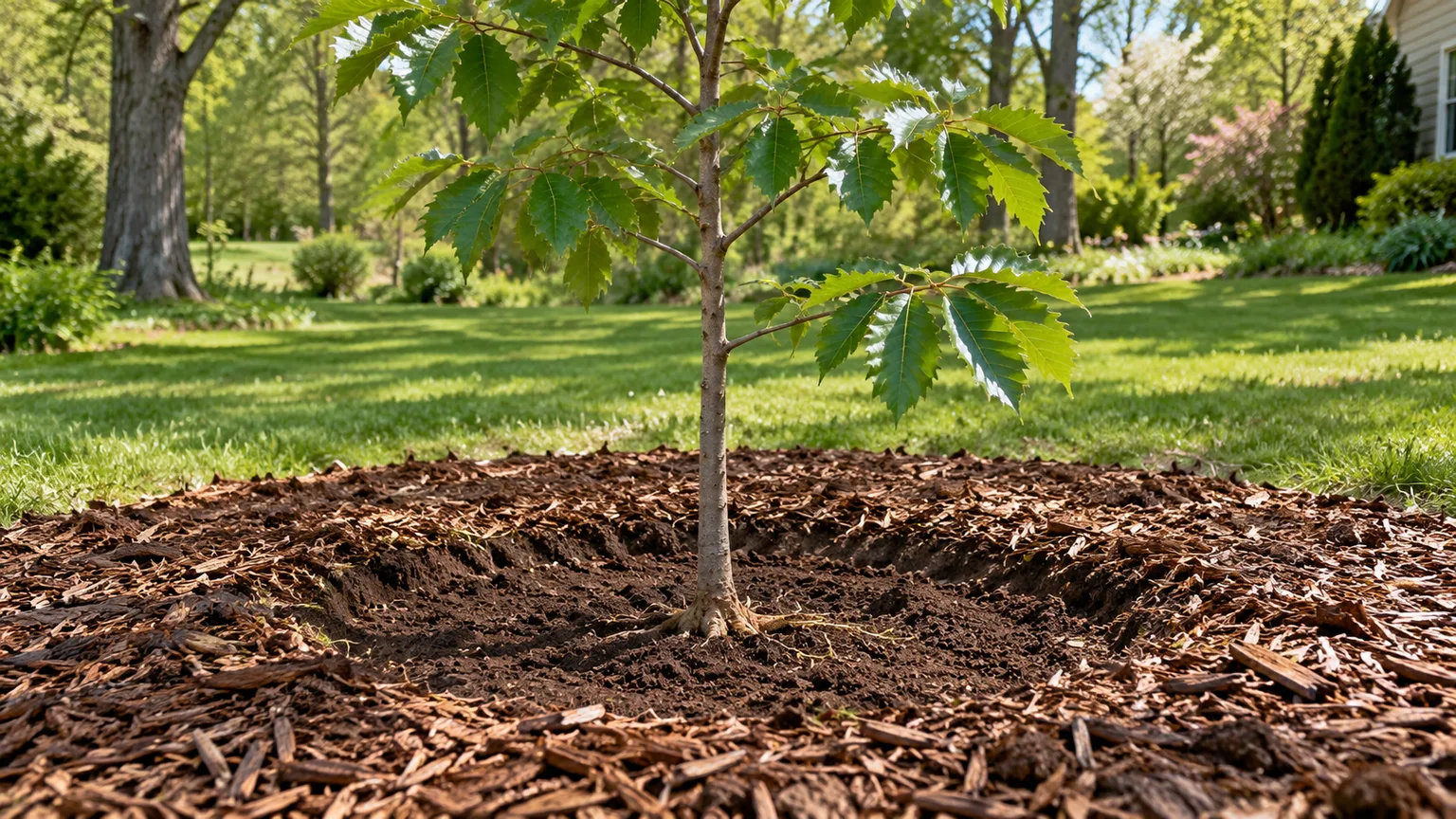 A young Chinkapin Oak set in an open planting hole with its root flare at ground level.
