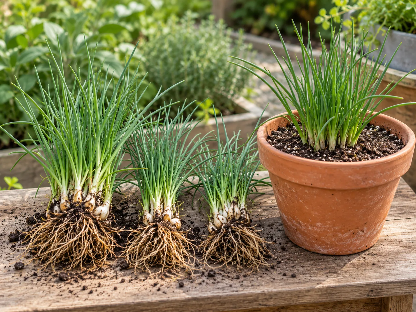 A mature chive clump separated into viable bulb-and-root divisions beside a newly potted section.