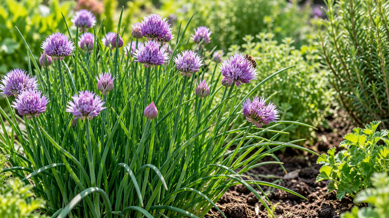 Common chives in bloom with a bee visiting one of the purple flower heads.