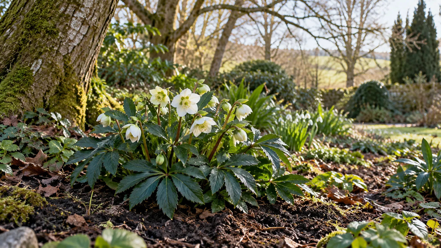 Christmas rose planted in light shade beneath a deciduous tree, with winter light reaching the flowers