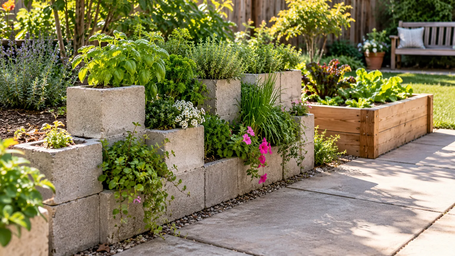 A cinder block backyard planter with herbs, flowers, and a raised bed beside a patio