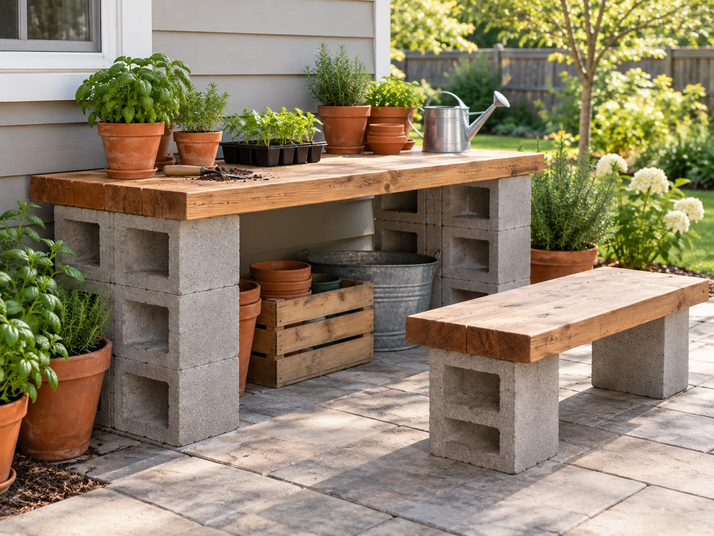 Fixed outdoor potting station with a wide wooden worktop supported by concrete blocks
