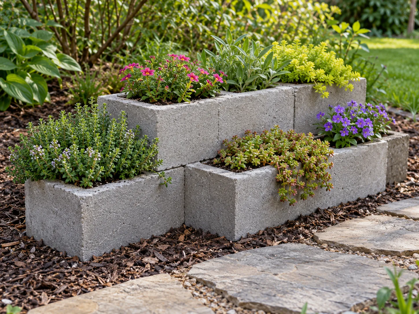 A compact tiered masonry planter uses a small footprint for flowers and low-growing plants.