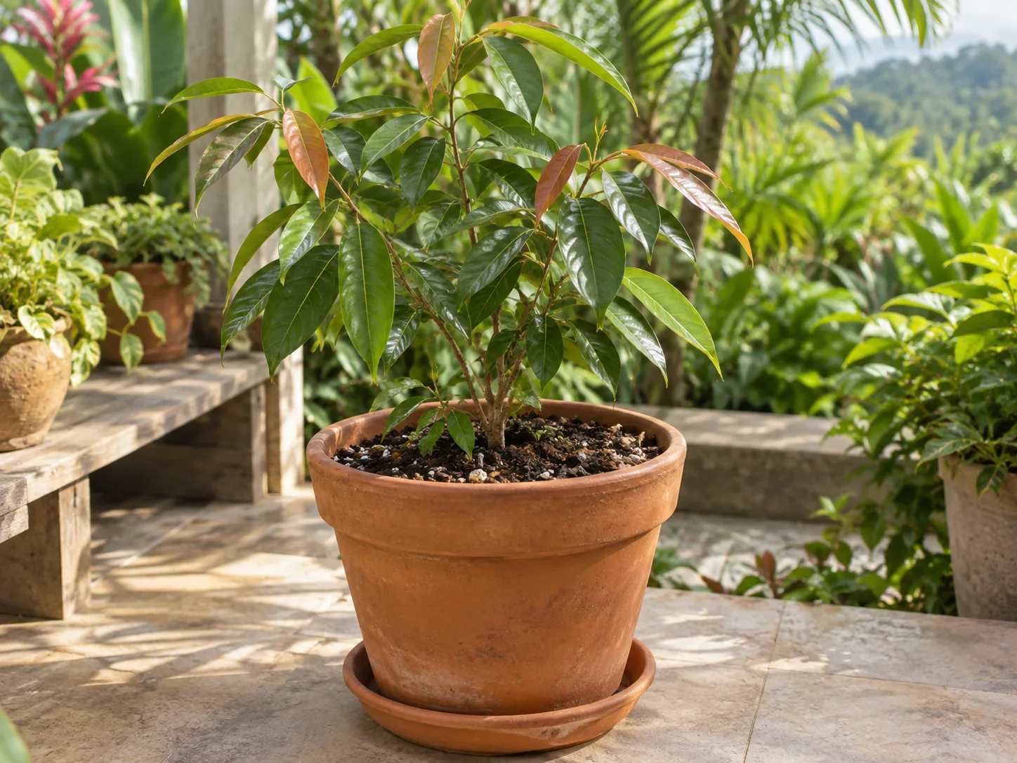 A young cinnamon plant growing in a movable container on a warm patio