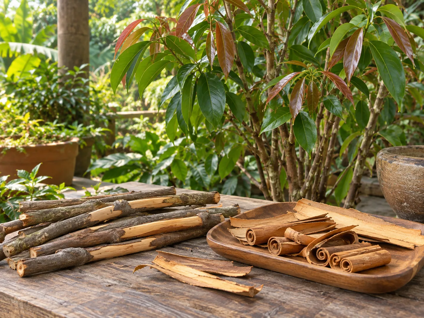 Fresh cinnamon stems and curled bark prepared for curing beside a healthy cinnamon plant