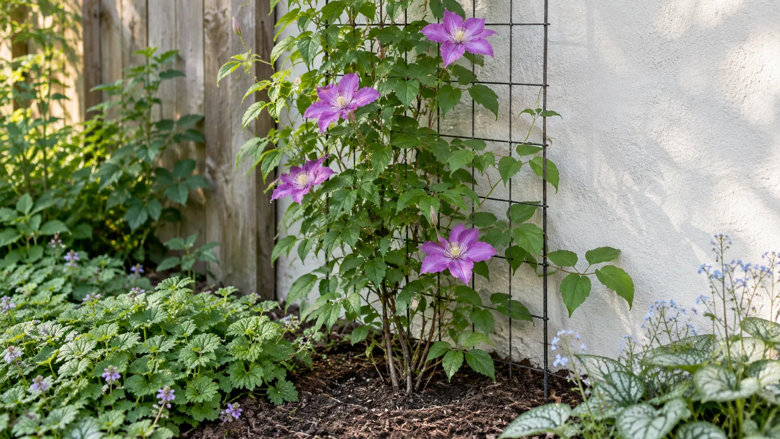 A flowering clematis trained on a narrow outdoor trellis above a shaded, mulched root zone.