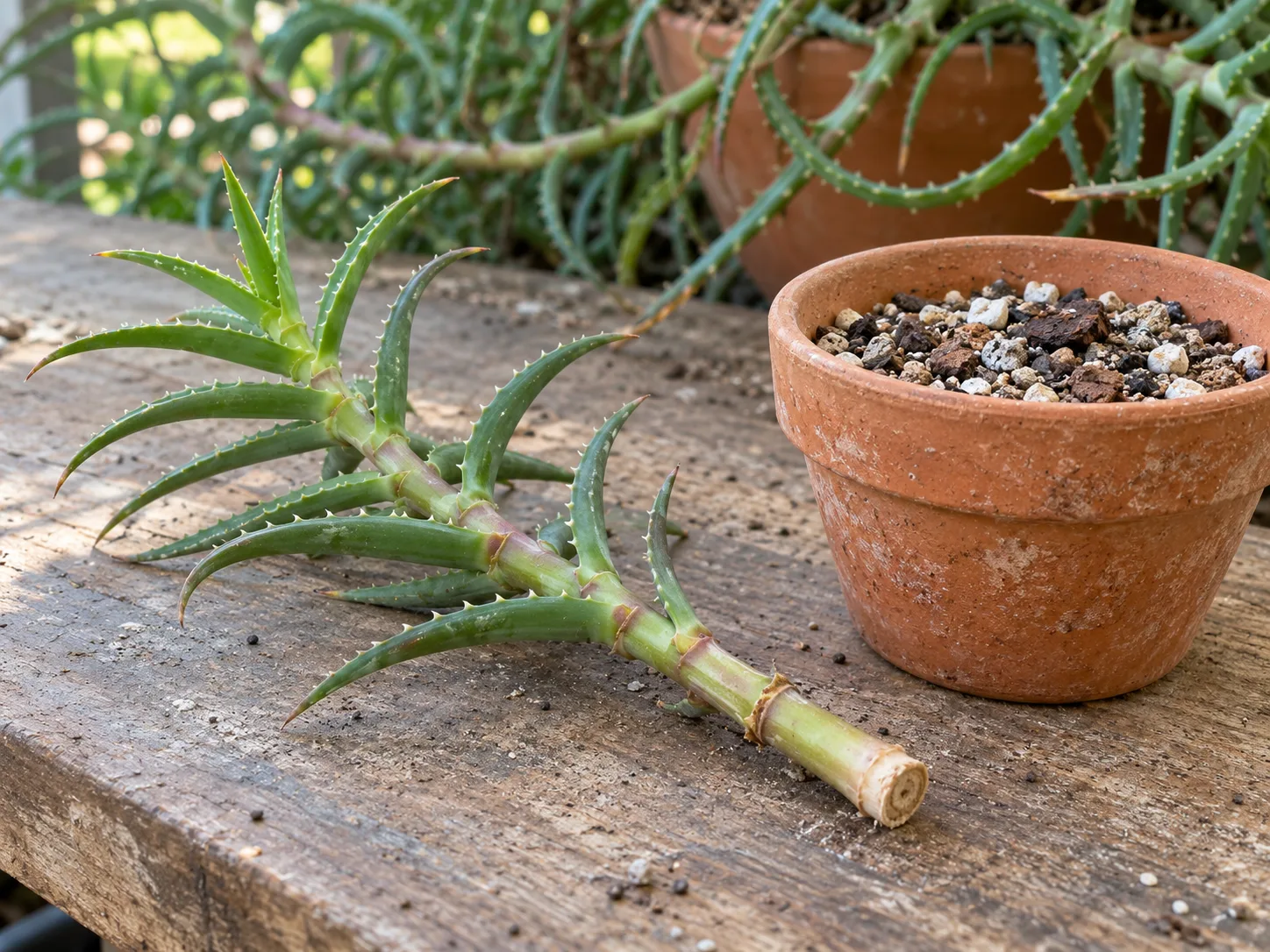 A callused climbing aloe stem cutting beside a pot of gritty propagation mix