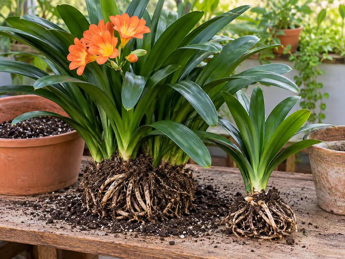 A mature Clivia miniata clump beside a rooted offset, showing the plant’s division habit