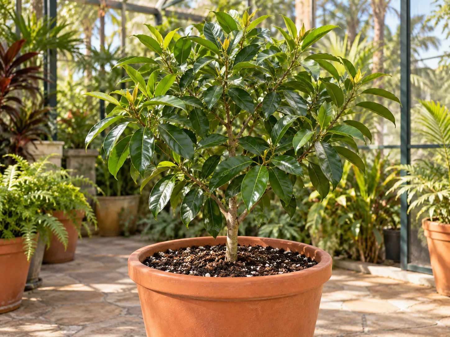 A young clove tree growing in a draining terracotta container on a sheltered tropical patio.