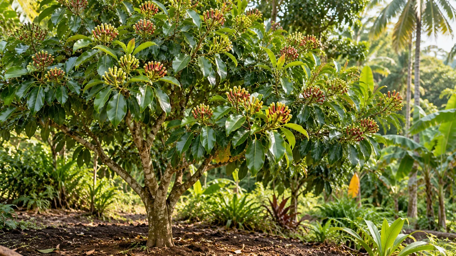 A healthy clove tree with glossy leaves and green-to-rose unopened buds in a tropical garden
