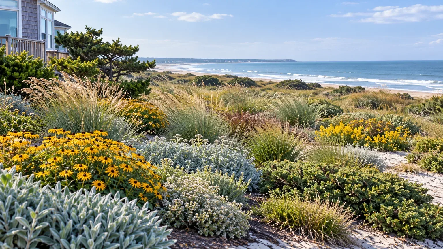 Layered salt-tolerant grasses, flowering plants, and shrubs in a seaside garden